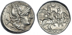 ACUÑACIONES ANÓNIMAS. Denario. Roma (208-206 a.C.). R/ Los Dióscuros a caballo a der., encima: estrellas y creciente; en el exergo: ROMA en tablilla. ...