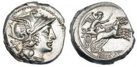 ACUÑACIONES ANÓNIMAS. Denario. Roma (179-170 a.C.). R/ En el exergo: ROMA en tablilla. FFC-77. SB-6. B.O. EBC/EBC-.