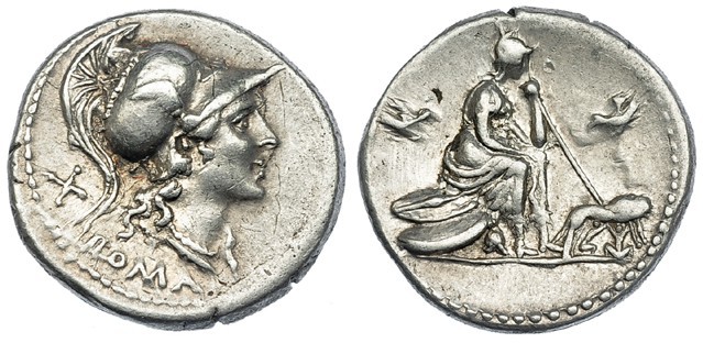 ACUÑACIONES ANÓNIMAS. Denario. Italia Central (115-114 a.C.). R/ Roma con cetro ...