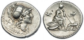 ACUÑACIONES ANÓNIMAS. Denario. Italia Central (115-114 a.C.). R/ Roma con cetro sentada a der. sobre dos escudos, delante loba amamantando a Rómulo y ...