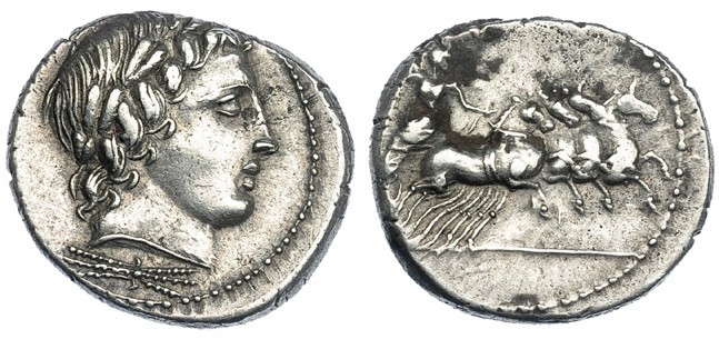 ACUÑACIONES ANÓNIMAS. Denario. Roma (86 a.C.). A/ Cabeza de Apolo a der., debajo...