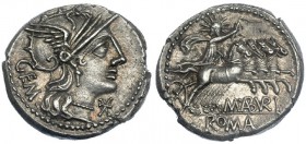 ABURIA. Denario. Roma (132 a.C.). R/ El Sol con látigo en cuádria a der.; M. AB VRI, en el exergo: ROMA. EBC. Ex Vico 04/03/1992, lote 45.