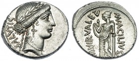 ACILIA. Denario. Roma (55 a.C.). A/ SALVTIS de abajo a arriba. R/ MN. ACILIVS III VIR. VALETV. Ley. vertical y circular. FFC-96. SB-8. B.O. EBC+.