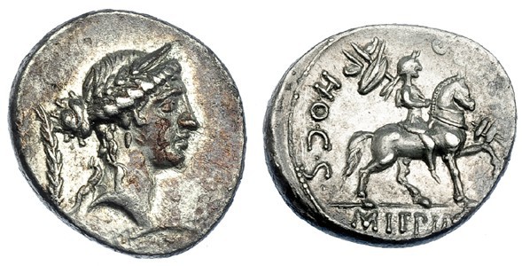 AEMILIA. Denario. Roma (61 a.C.). A/ Cabeza diademada de Roma a der., detrás: pa...