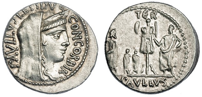 AEMILIA. Denario. Roma (62 a.C.). A/ PAVLLVS LEPIDVS CONCORDIA. R/ PAVLLVS, en e...