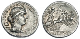 ANNIA. Denario. Hispania (82-81 a.C.). A/ Busto de Anna Perenna a der., delante balanza, detrás caduceo, debajo símbolo. R/ En el exergo: L. FABI. L. ...