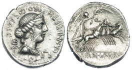 ANNIA. Denario. Hispania (82-81 a.C.). A/ Busto diademado de Anna Perenna a der., delante balanza, detrás caduceo y debajo letra. FFC-139. SB-2b. Raya...