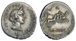 ANNIA. Denario. Hispania (82-81 a.C.). A/ Letra B debajo del busto. FFC-140. SB-3. EBC-/EBC. Ex Vico 09/06/1992, lote 94.
