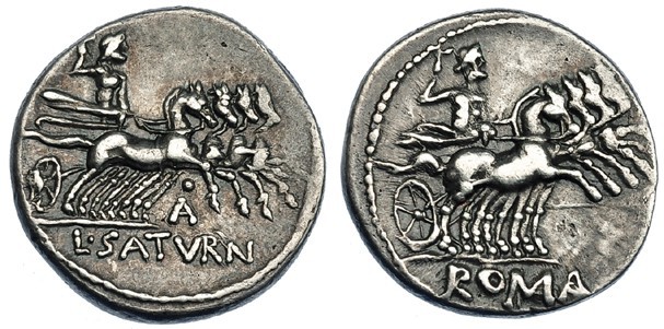 APPULEIA. Denario. Roma (104 a.C.). A/ Saturno con espada en cuádriga a der., en...