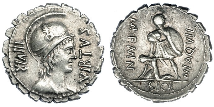 AQUILIA. Denario. Roma (71 a.C.). R/ A der.; MN. AQVIL., a izq.: MN. F. MN. N. E...