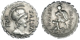 AQUILIA. Denario. Roma (71 a.C.). R/ A der.; MN. AQVIL., a izq.: MN. F. MN. N. En el exergo: SICIL. FFC-167. SB-2. EBC-/MBC+.