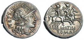 ATILIA. Denario. Roma (148 a.C.). A/ SARAN de arriba hacia abajo. FFC-175. SB-9. EBC-. Ex Vico 04/03/1992, lote 47.