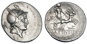 AXIA. Denario. Roma (71 a.C.). A/ Cabeza de Marte a der. , el yelmo con crin, detrás número, debajo NASO, delante S.C. R/ Diana con lanza en biga con ...