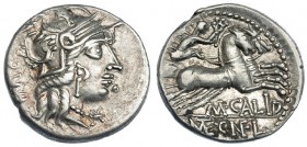 CALIDIA. Denario. Norte de Italia (117-116 a.C.). R/ La Victoria con látigo en biga a der. FFC-223. SB-1. EBC-.