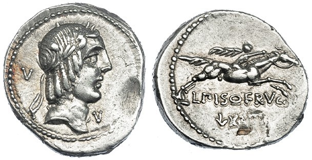 CALPURNIA. Denario. Roma (90-89 a.C.). A/ V detrás de la cabeza y debajo del men...