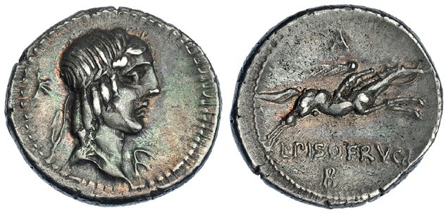 CALPURNIA. Denario. Roma (90-89 a.C.). A/ K detrás de la cabeza y F debajo del m...