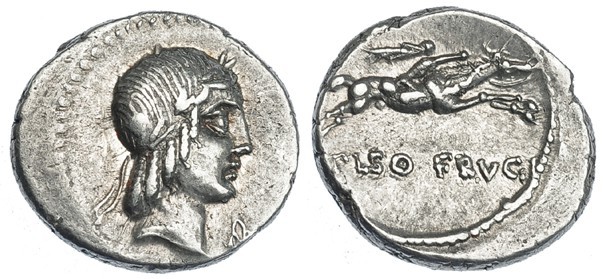CALPURNIA. Denario. Roma (90-89 a.C.). A/ Símbolo debajo del mentón. R/ L. PISO ...