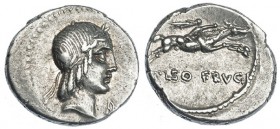 CALPURNIA. Denario. Roma (90-89 a.C.). A/ Símbolo debajo del mentón. R/ L. PISO FRVGI. FFC-324. Ligeramente descentrada. mbc+/ebc-.