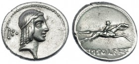 CALPURNIA. Denario. Roma (64 a.C.). A/ Número y signo fraccionario detrás de la cabeza. R/ C. PISO L. F. FRVG. FFC-401. EBC-/EBC.