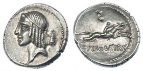 CALPURNIA. Denario. Roma (64 a.C.). A/ Cabeza diademada de Apolo a izq. R/ Jinete galopando a der.; C. PISO L. F. FRV. FFC-501. R.B.O. EBC+/SC.