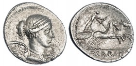 CARISIA. Denario. Roma (46 a.C.). A/ Busto alado y diademado de la Victoria a der. R/ En el exergo T. CARISI. FFC-536. SB-2. EBC-/EBC. Escasa.