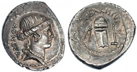 CARISIA. Denario. Roma (46 a.C.). A/ Cabeza de Juno Moneta a der., detrás: MONETA. R/ Tenazas, yunque, cuño y martillo; encima: T. CARISIVS, todo dent...