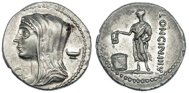 CASSIA. Denario. Roma (55 a.C.). A/ Busto velado de Vesta detrás copa y delante ...