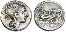CLAUDIA. Denario. Roma (110-109 a.C.) R/ AP. CL. T. MANL. Q. VR. ffc-564. sb-2. mbc+.