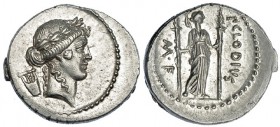CLAUDIA. Denario. Roma (42 a.C.). A/ Cabeza laureada de Apolo a der., detrás lira. R/ Diana Lucífera de pie a der., con antorchas; P. CLODIVS M. F. FF...