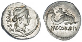 CORDIA. Denario. Roma (46 a.C.). A/ Cabeza diaemada de Venus a der., detrás RVFVS, S.C. R/ Cupido montando delfín a der.; debajo: MN CORDIVS. FFC-598....