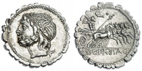CORNELIA. Denario. Roma (106 a.C.). R/ Júpiter en cuádriga a der. con cetro y rayo; encima: Q y en el exergo: L. SCIP. ASIAG. FFC-612. SB-24. Pequeñas...