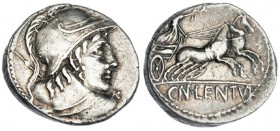 CORNELIA. Denario. Roma (88 a.C.). A/ Busto de Marte visto por la espalda, con lanza sobre el hombro. R/ La Victoria con corona, en biga a der.; en el...