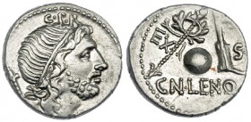 CORNELIA. Denario. Hispania (76-75 a.C.). A/ Busto diademado del Genio a der.; encima: G. P. R. R/ Globo entre cetro y corona a izq. y timón a der.; d...