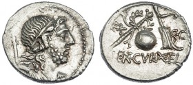 CORNELIA. Denario. Hispania (76-75 a.C.). A/ Busto diademado del Genio a der., encima: G. P. R. R/ Globo entre cetro y corona a izq. y timón a der.; d...