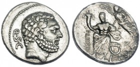 CORNELIA. Denario. Roma (74 a.C.). A/ Cabeza de Hércules a der., detrás: Q. S. C. R/ El Genio sentado de frente, con cetro y cornucopia, coronado por ...