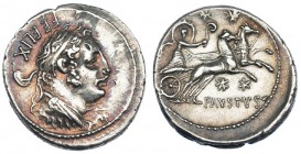 CORNELIA. Denario. Roma (56 a.C.). A/ Busto diademado de Hércules a der., detrás: FEELIX. R/ Diana con lituo y creciente en la cabeza en biga a der. e...