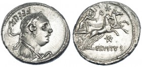 CORNELIA. Denario. Roma (56 a.C.). A/ Busto diademado de Hércules a der., detrás: FEELIX. R/ Diana con lituo y creciente en biga a der., en el campo t...