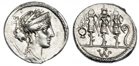 CORNELIA. Denario. Roma (546 a.C.). A/ Cabeza diademada de Venus a der., con cetro sobre su espalda, detrás: S.C. R/ Tres trofeos entre preafericulo y...