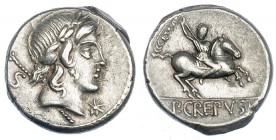 CREPUSIA. Denario. Roma (82 a.C.). A/ Cabeza laureada de Apolo a der., delante símbolo y detrás cetro y letra. R/ Jinete con lanza a der., detrás núme...