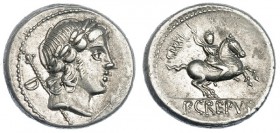 CREPUSIA. Denario. Roma (82 a.C.). A/ Cabeza laureada de Apolo a der., delante símbolo y detrás cetro. R/ Jinete con lanza a der., detrás número y en ...