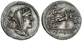 FABIA. Denario. Roma (104 a.C.). A/ Cabeza de Cibeles velada y con corona mural a der., detrás: EX. A. PV. R /D en el campo. FFC-703. SB-14. EBC. Ex E...