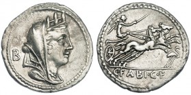 FABIA. Denario. Roma (104 a.C.). A/ Cabeza de Cibeles velada y con corona mural a der., detrás B. FFC-702. SB-15. MBC+.