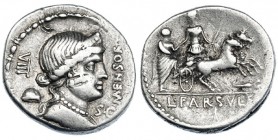 FARSUELIA. Denario. Roma (75 a. C.). FFC-707. SB-1. Contramarcas. MBC.