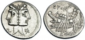 FONTEIA. Denario. Roma (114-113 a.C.). R/ Galera a izq. con timonel y tres filas de remeros; encima: C. FONT, debajo: ROMA. FFC-713. SB-1. MBC+.