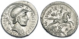 FONTEIA. Denario. Roma (55 a.C.). A/ Busto de Marte a der., detrás trofeo; P. FONTEIVS P. F. CAPITO III VIR. R/ Jinete con lanza a der. luchando contr...