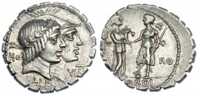 FUFIA. Denario. Incierta italiana (70 a.C.). A/ Cabezas acoladas de Honus y Virtus a der. detrás HO; delante VIRT; Debajo; KALEI. R/ Italia con cornuc...