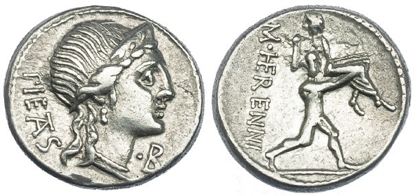 HERENNIA. Denario. Sur de Italia (108-107 a.C.). A/ Cabeza diademada de la Pieda...