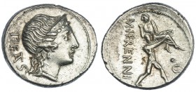 HERENNIA. Denario. Sur de Italia (108-107 a.C.). R/ Amphinomus huyendo con su padre sobre los hombros; C en el campo, a la izq.: M. HERENNI. FFC-745. ...
