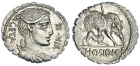 HOSIDIA. Denario. Sur de Italia (68 a.C.). A/ Busto sin diadema de Diana a der. con arco y carcaj sobre la espalda; GETA III CIR. R/ Jabalí a der., at...