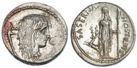 HOSTILIA. Denario. Roma (48 a.C.). A/ Cabeza de Galia a der., detrás carnyx. R/ Diana de Éfeso de pie con lanza cogiendo a un ciervo por las astas; L....